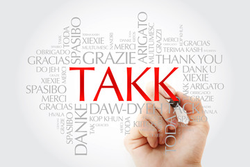 Takk (Thank You in Icelandic) Word Cloud in different languages with marker