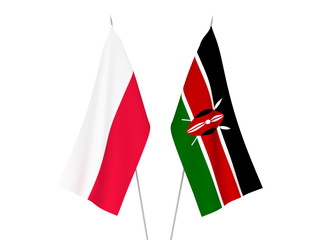 National fabric flags of Kenya and Poland isolated on white background. 3d rendering illustration.