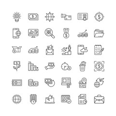 Business icon thin line set in flat style. Make money stroke vector illustration on white isolated background. Media internet linear business concept.