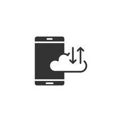 Smartphone with cloud icon in flat style. Phone network storage vector illustration on white isolated background. Online backup business concept.