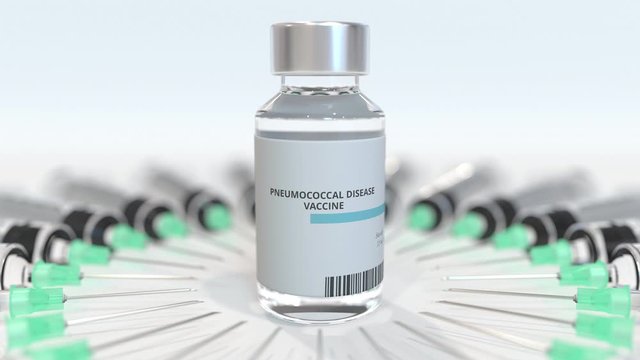 Vial with pneumococcal disease vaccine and syringes. Conceptual medical 3D animation
