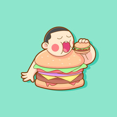 FAT BURGER BOY EATING A BURGER ILLUSTRATION. FAST FOOD LOGO MASCOT.