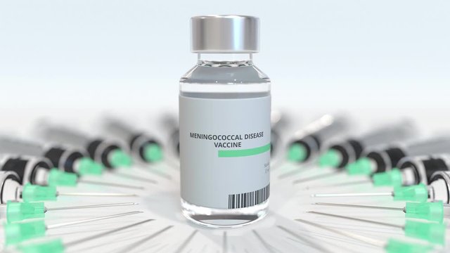Small bottle with meningococcal disease vaccine and syringes. Conceptual medical 3D animation