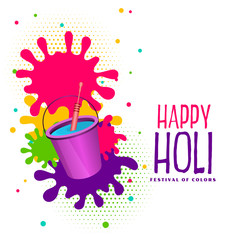 bucket of watercolor and splashes happy holi background
