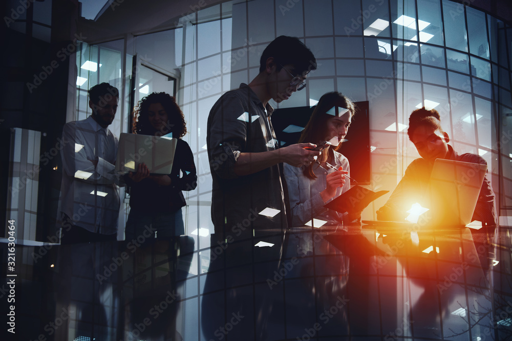Poster businessmen that work together in office with network connection effect. concept of teamwork and par