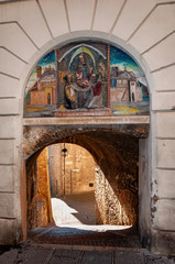 Assisi, the city of peace, Italy. The birthplace of Saint Francis. The Italian inscription on the...