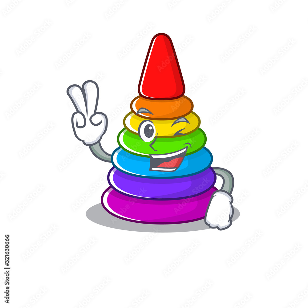 Poster mascot of funny toy pyramid cartoon Character with two fingers