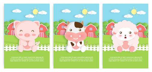 Set of farm animals template cards with cute pig , cow and cheep character  in paper card style for birthday card , baby shower card ,greeting cards and poster .