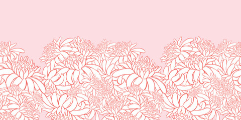 Vector pink horizontal border pattern 02 with tropical torch ginger flowers outlines. Easily do gold stamping. Suitable for invitation cards.