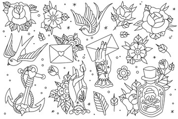 Old school traditional outlines tattoo set