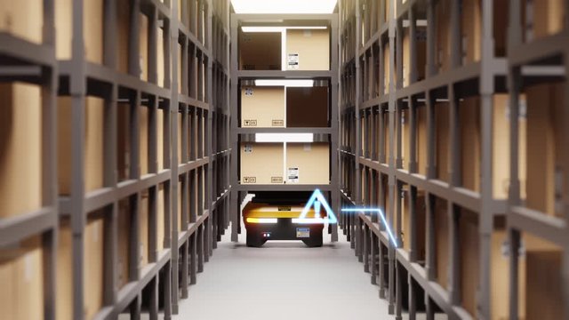 Footage of warehouse autonomic robots carry goods industry use sensor scan nearby object