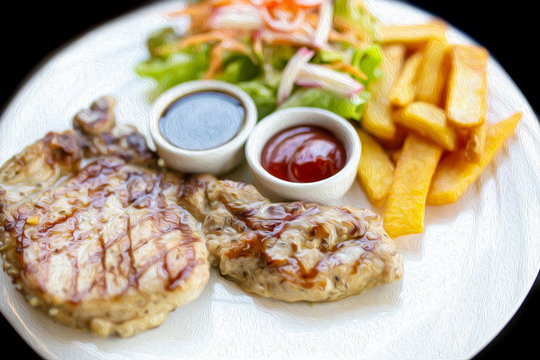 Oil painting effect: Pork steak serve with french fries and vegetables.