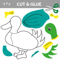 Use scissors and glue and restore the picture inside the contour. Easy educational paper game for kids. Simple kid application with Duck