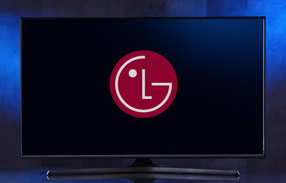 Flat-screen TV set displaying logo of LG