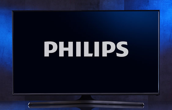 Flat-screen TV set displaying logo of Philips