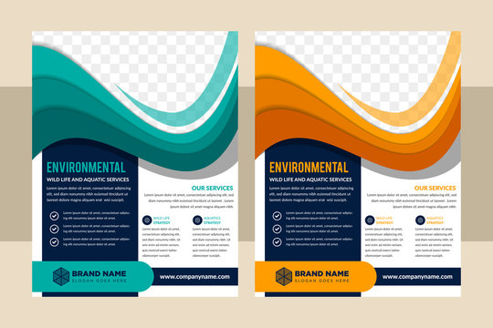 Set Of Vector Business Brochure, Vertical Flyer Template. Modern Orange And Blue Corporate Design. Flat Colors Paper Cut  Style. Space For Photo. Wave Shape Element Designs. 