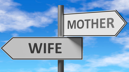 Fototapeta na wymiar Wife and mother as a choice - pictured as words Wife, mother on road signs to show that when a person makes decision he can choose either Wife or mother as an option, 3d illustration