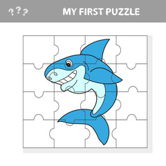Cartoon Vector Illustration of Education Jigsaw Puzzle Game for Preschool Children with Funny Shark Fish Animal Character - My first puzzle