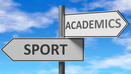 Sport and academics as a choice - pictured as words Sport, academics on road signs to show that when a person makes decision he can choose either Sport or academics as an option, 3d illustration
