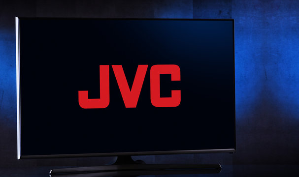 Flat-screen TV set displaying logo of JVC