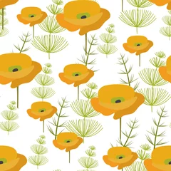 Fototapete Mohnblumen Nahtloses Muster. gelber Mohn Blumen und grüne krautige Pflanzen. Vektorhintergrund, geeignet für Stoffe, Textilien, Bettwäsche, Bezüge