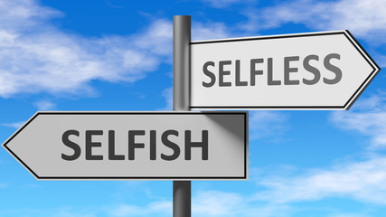 Fototapeta na wymiar Selfish and selfless as a choice - pictured as words Selfish, selfless on road signs to show that when a person makes decision he can choose either Selfish or selfless as an option, 3d illustration