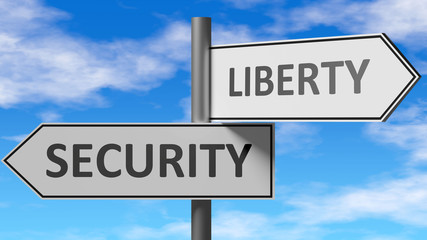 Security and liberty as a choice - pictured as words Security, liberty on road signs to show that when a person makes decision he can choose either Security or liberty as an option, 3d illustration