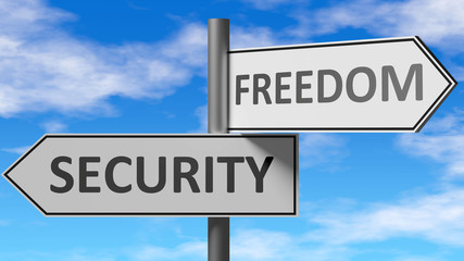 Obraz premium Security and freedom as a choice - pictured as words Security, freedom on road signs to show that when a person makes decision he can choose either Security or freedom as an option, 3d illustration
