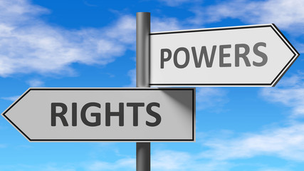 Rights and powers as a choice - pictured as words Rights, powers on road signs to show that when a person makes decision he can choose either Rights or powers as an option, 3d illustration