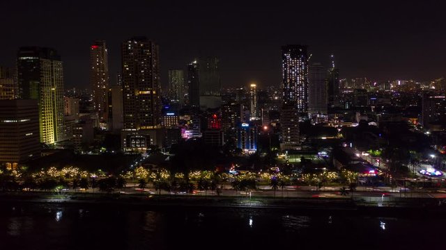 Aerial Philippines Time Lapse Manila Downtown Malate Night September 2019 4K  Aerial time lapse video of downtown Manila Philippines waterfront in Malate district on a beautiful evening nigh