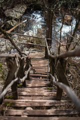 Winding wooden bridge over a river broken symmetry natural explore travel copy space