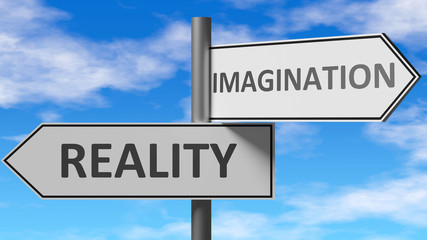 Fototapeta na wymiar Reality and imagination as a choice, pictured as words Reality, imagination on road signs to show that when a person makes decision he can choose either option, 3d illustration