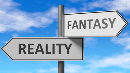 Obraz premium Reality and fantasy as a choice - pictured as words Reality, fantasy on road signs to show that when a person makes decision he can choose either Reality or fantasy as an option, 3d illustration