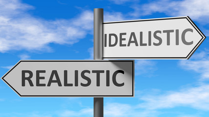 Realistic and idealistic as a choice, pictured as words Realistic, idealistic on road signs to show that when a person makes decision he can choose either option, 3d illustration