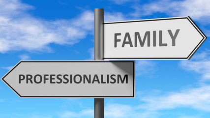 Professionalism and family as a choice, pictured as words Professionalism, family on road signs to show that when a person makes decision he can choose either option, 3d illustration