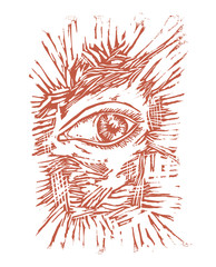 Ink graphic illustration of human eye in linocut style. Design drawing