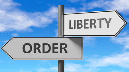 Order and liberty as a choice - pictured as words Order, liberty on road signs to show that when a person makes decision he can choose either Order or liberty as an option, 3d illustration