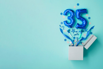 Number 35 birthday balloon celebration gift box lay flat explosion