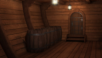 Inside old ship. Hold or cabin of a ship background. 3d illustration of pirate cabin. © Tatyana Sidyukova
