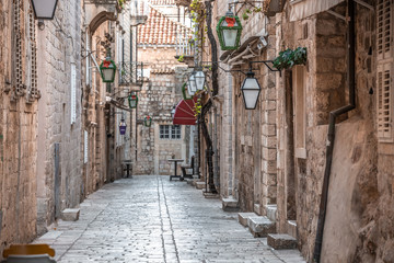 Ancient narrow street perspective in old town of Dubrovnik