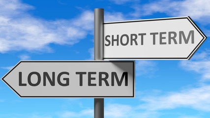 Obraz premium Long term and short term as a choice, pictured as words Long term, short term on road signs to show that when a person makes decision he can choose either option, 3d illustration