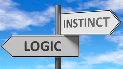 Logic and instinct as a choice - pictured as words Logic, instinct on road signs to show that when a person makes decision he can choose either Logic or instinct as an option, 3d illustration
