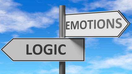 Logic and emotions as a choice - pictured as words Logic, emotions on road signs to show that when a person makes decision he can choose either Logic or emotions as an option, 3d illustration