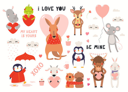 Big Valentines day set with cute animals, hearts, quotes. Isolated objects on white background. Hand drawn vector illustration. Scandinavian style flat design. Concept for children holiday print.