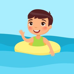 Obraz na płótnie Canvas Boy swimming with inflatable ring flat vector illustration. Beautiful child having fun in water, waving hand. Cheerful kid enjoying summer activities color cartoon character