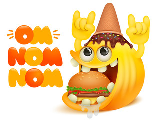 Om nom nom comic cartoon card. Yellow smile emoji character with icecream cone on head eating burger