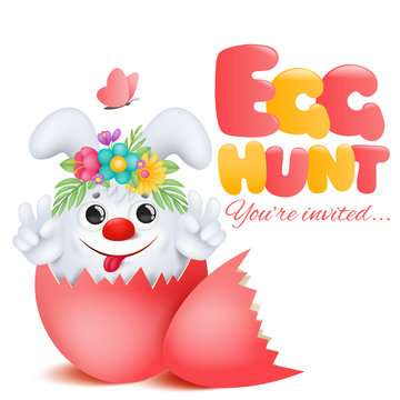 Easter Egg Hunt Invitation Template Card. White Cartoon Bunny Character With Flower Garland Inside Broken Egg.