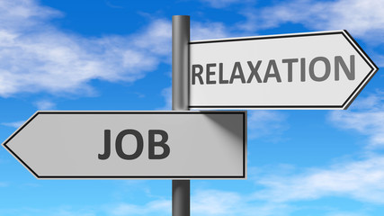 Job and relaxation as a choice - pictured as words Job, relaxation on road signs to show that when a person makes decision he can choose either Job or relaxation as an option, 3d illustration