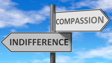 Indifference and compassion as a choice, pictured as words Indifference, compassion on road signs to show that when a person makes decision he can choose either option, 3d illustration