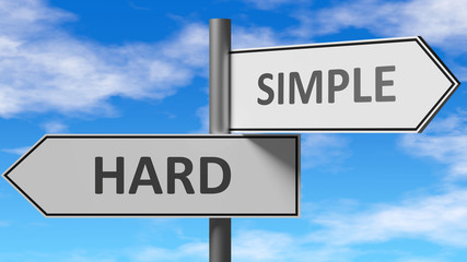 Hard and simple as a choice - pictured as words Hard, simple on road signs to show that when a person makes decision he can choose either Hard or simple as an option, 3d illustration